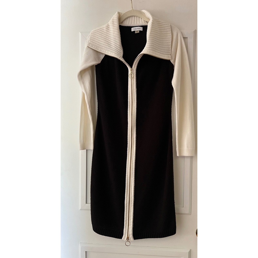 Calvin Klein Womens Black Cream Colorblock Full Zip Knit Sweater Dress Small